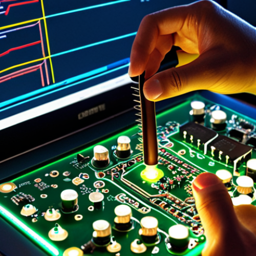 Home 22 **Circuit analysis learning**: A close-up shot of someone studying a circuit board with resistors, capacitors, and inductors, illuminated by the glow of a SPICE simulation software on a laptop in the background.