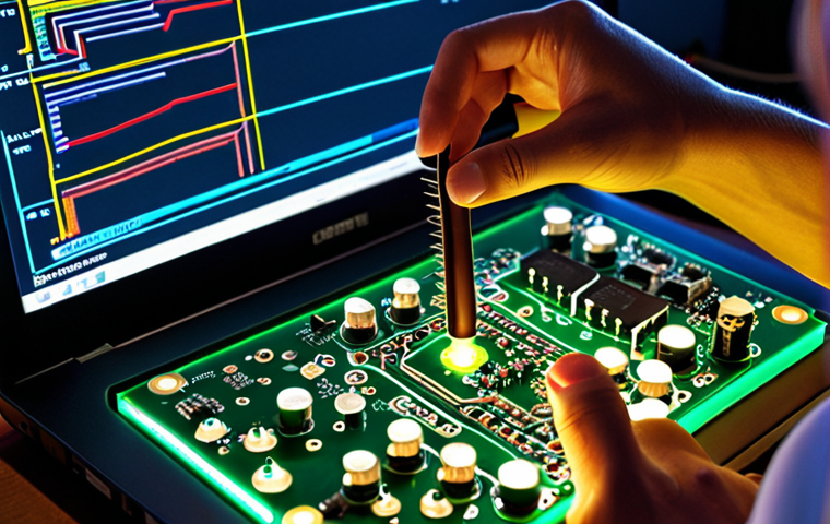 **Circuit analysis learning**: A close-up shot of someone studying a circuit board with resistors, capacitors, and inductors, illuminated by the glow of a SPICE simulation software on a laptop in the background.