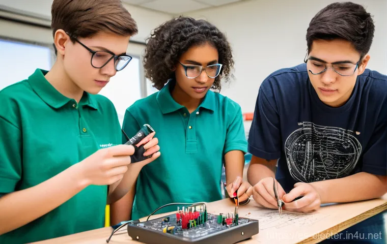 전자공학 학부생을 위한 실습 팁 - **Prompt:** A diverse group of three enthusiastic young engineering students, around 17-19 years old...