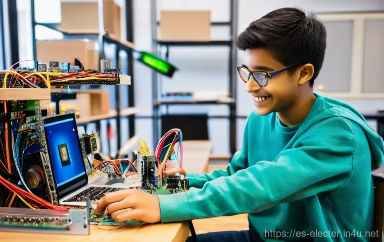 전자공학 학부생을 위한 실습 팁 - **Prompt:** A thoughtful and creative student, appearing to be around 16-18 years old, is seated com...