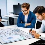 스마트 디바이스 설계 과정 - **Prompt 1: The Spark of Innovation in a Design Studio**
    "A diverse group of fully clothed indus...