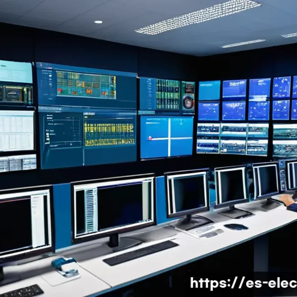 전자공학 분야에서의 네트워킹 - A detailed industrial automation control room with engineers monitoring multiple screens displaying ...