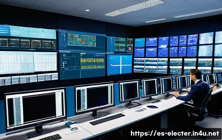 전자공학 분야에서의 네트워킹 - A detailed industrial automation control room with engineers monitoring multiple screens displaying ...