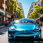 테슬라와 전자공학 혁신 사례 - A sleek, modern Tesla electric car driving smoothly through a busy urban street in a vibrant Spanish...
