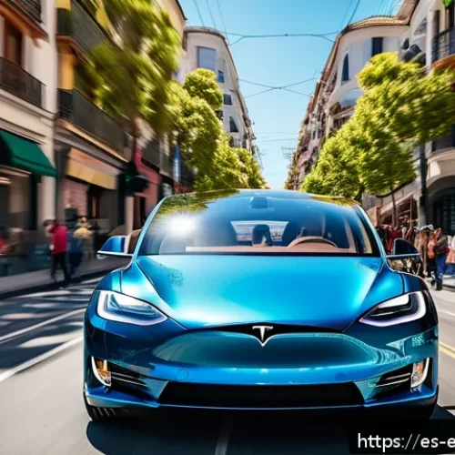 테슬라와 전자공학 혁신 사례 - A sleek, modern Tesla electric car driving smoothly through a busy urban street in a vibrant Spanish...