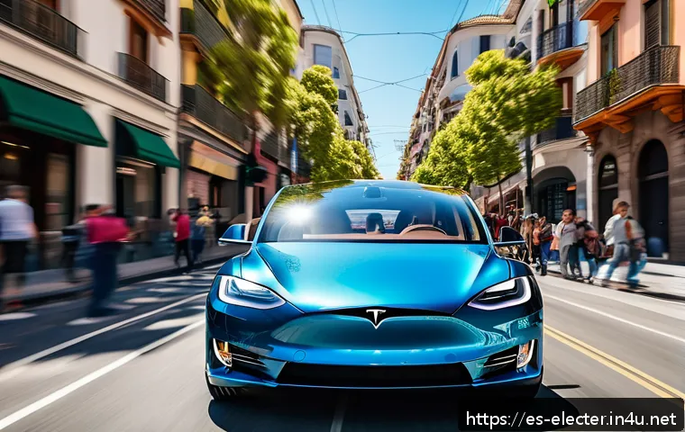 테슬라와 전자공학 혁신 사례 - A sleek, modern Tesla electric car driving smoothly through a busy urban street in a vibrant Spanish...