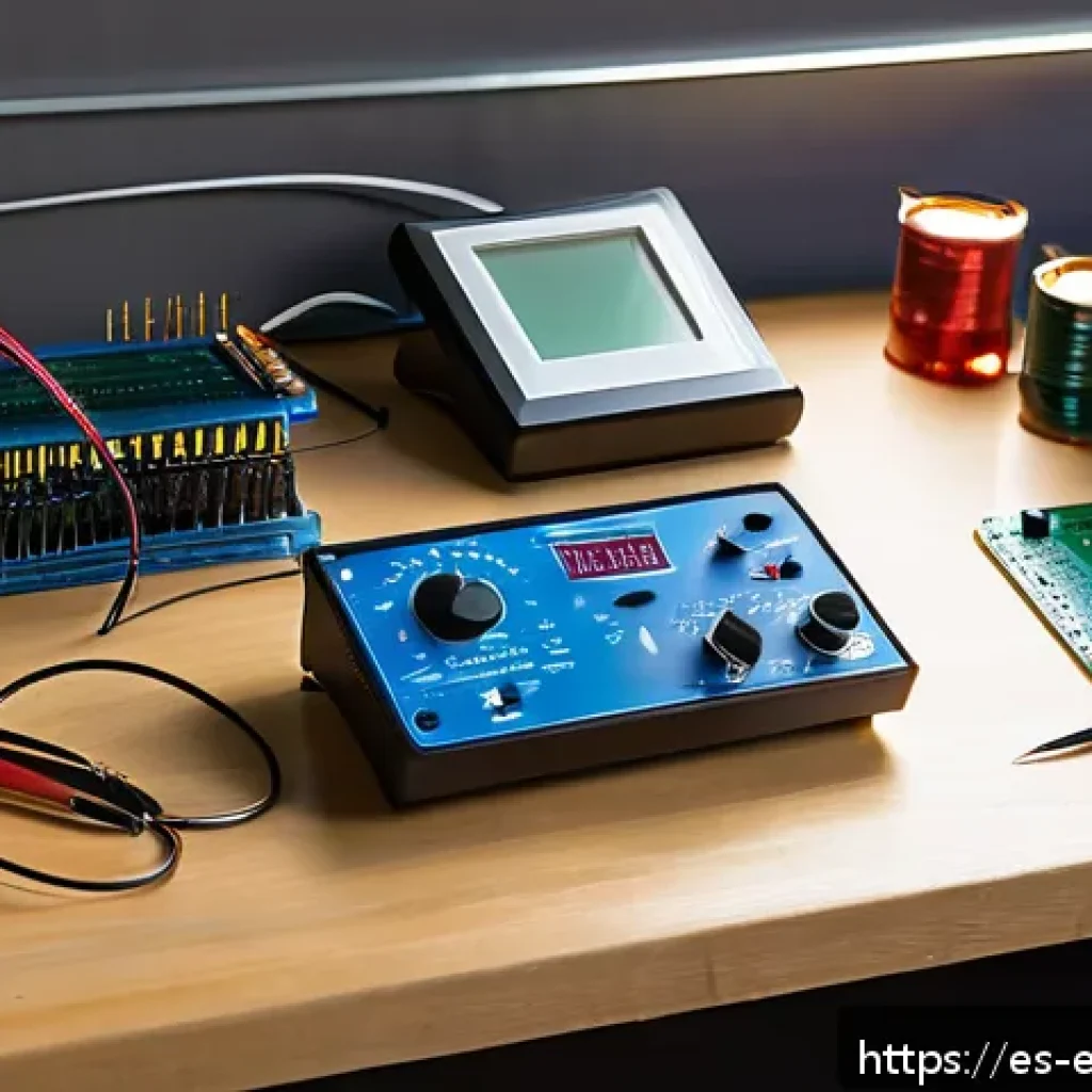 전자공학 실습 장비 추천 - A detailed close-up scene of a modern electronics workspace tailored for Spanish-speaking students, ...