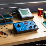 전자공학 실습 장비 추천 - A detailed close-up scene of a modern electronics workspace tailored for Spanish-speaking students, ...